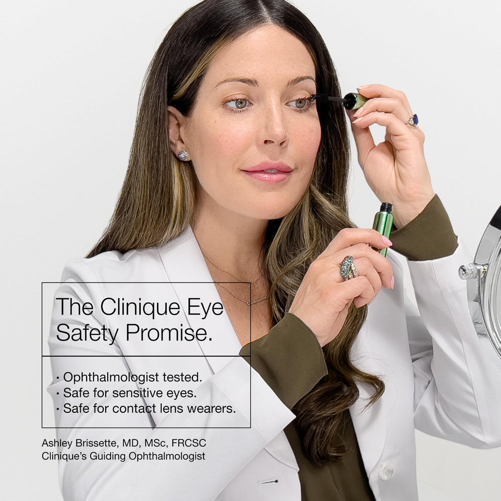 Clinique mascara next to ruler showing 0.28 oz scale for accurate sizing