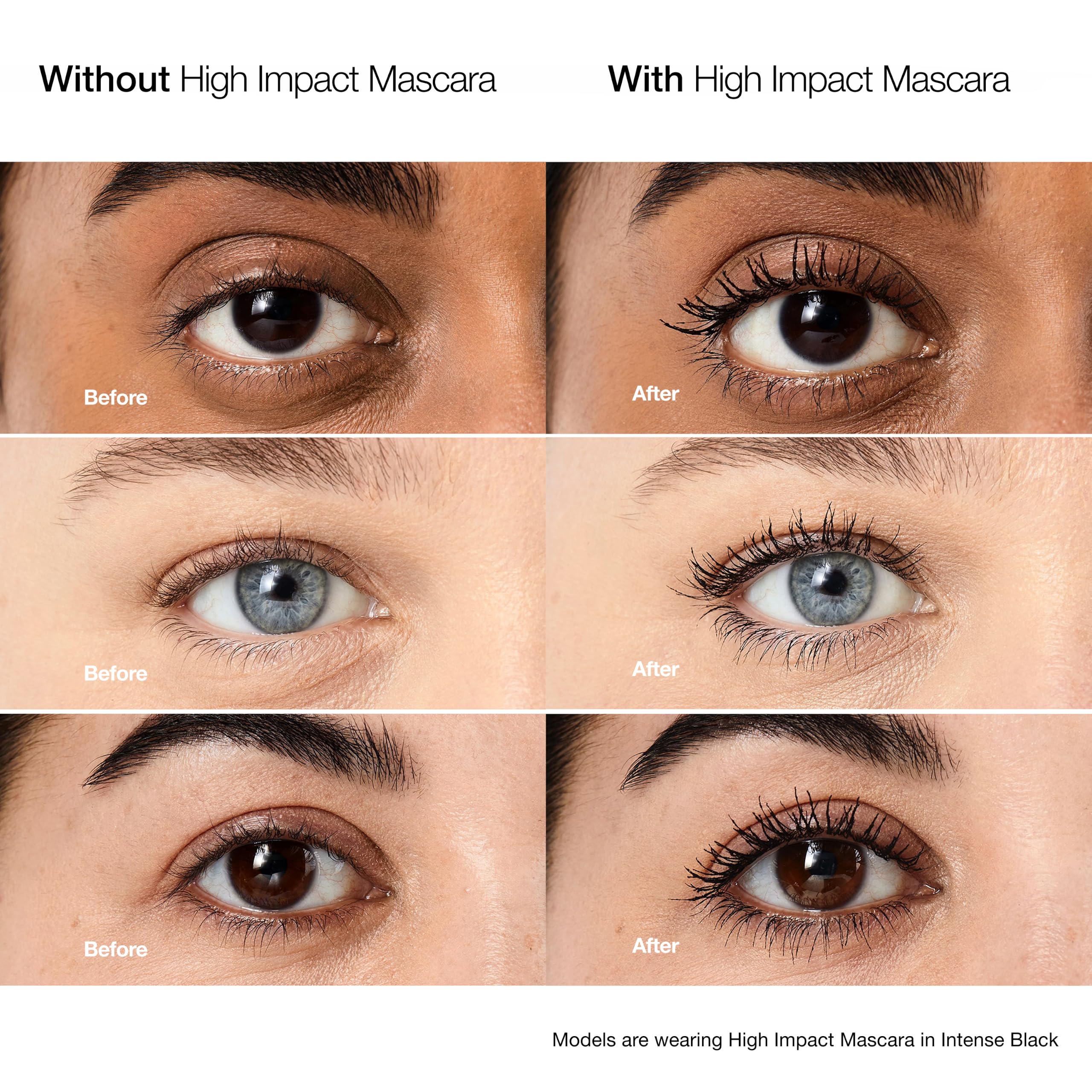 Clinique black-brown mascara swatch on skin showing rich pigment and buildability