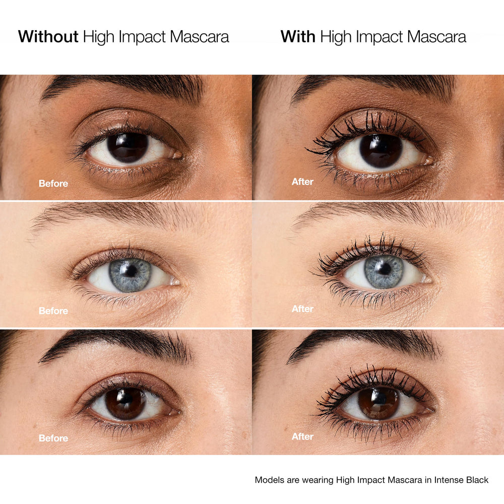Clinique black-brown mascara swatch on skin showing rich pigment and buildability