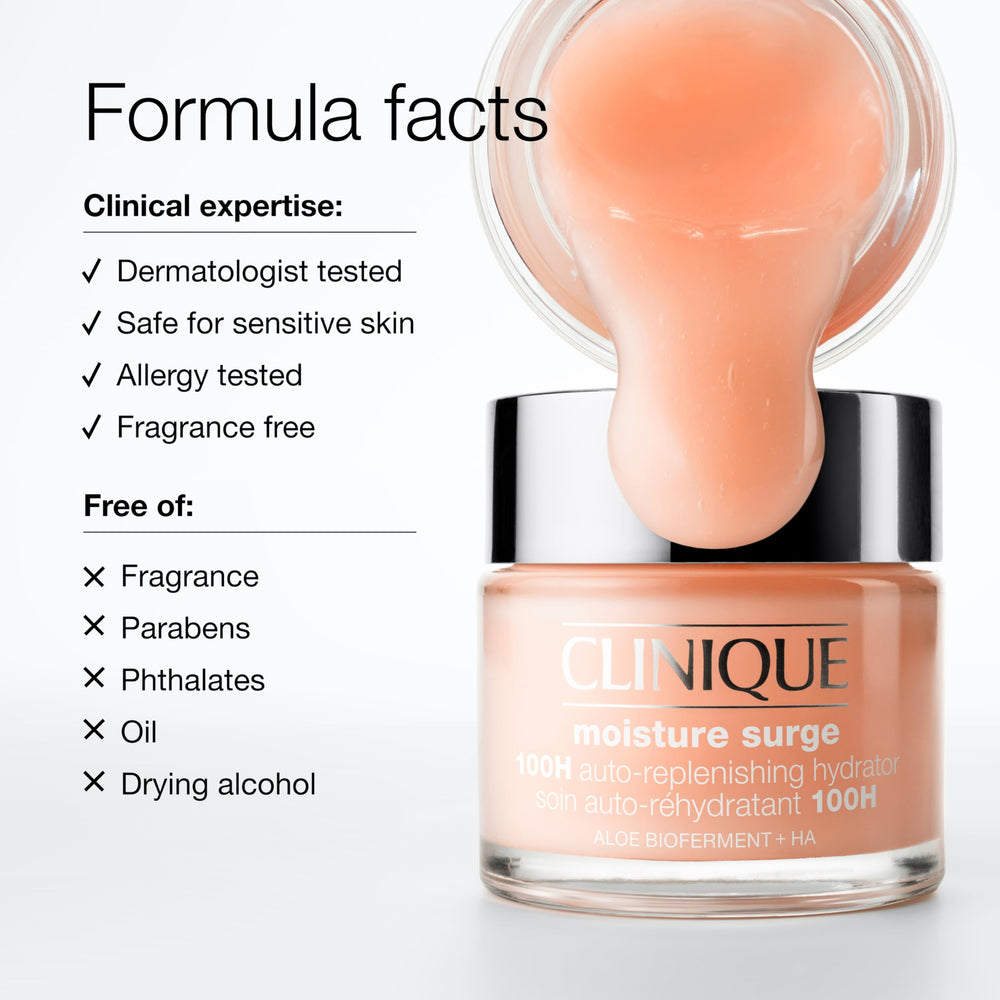 Clinique ingredient label featuring hyaluronic acid and aloe benefits