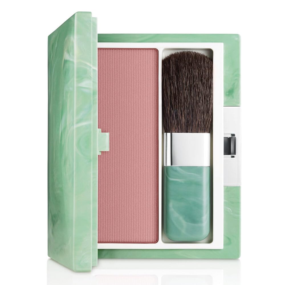 Clinique compact front view showing New Clover shade and travel-ready brush for easy application
