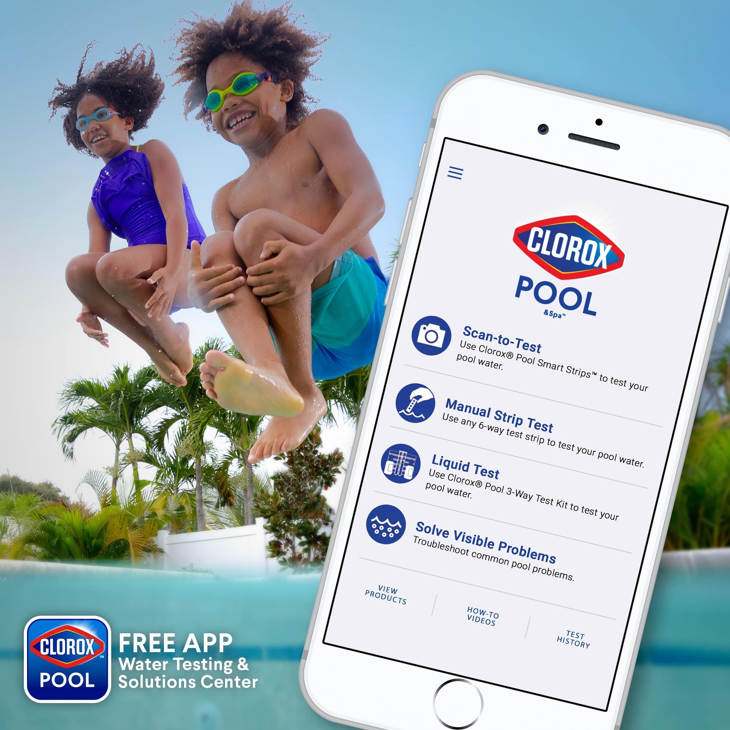 Clorox Pool App screenshot with testing guidance and product dosage tips