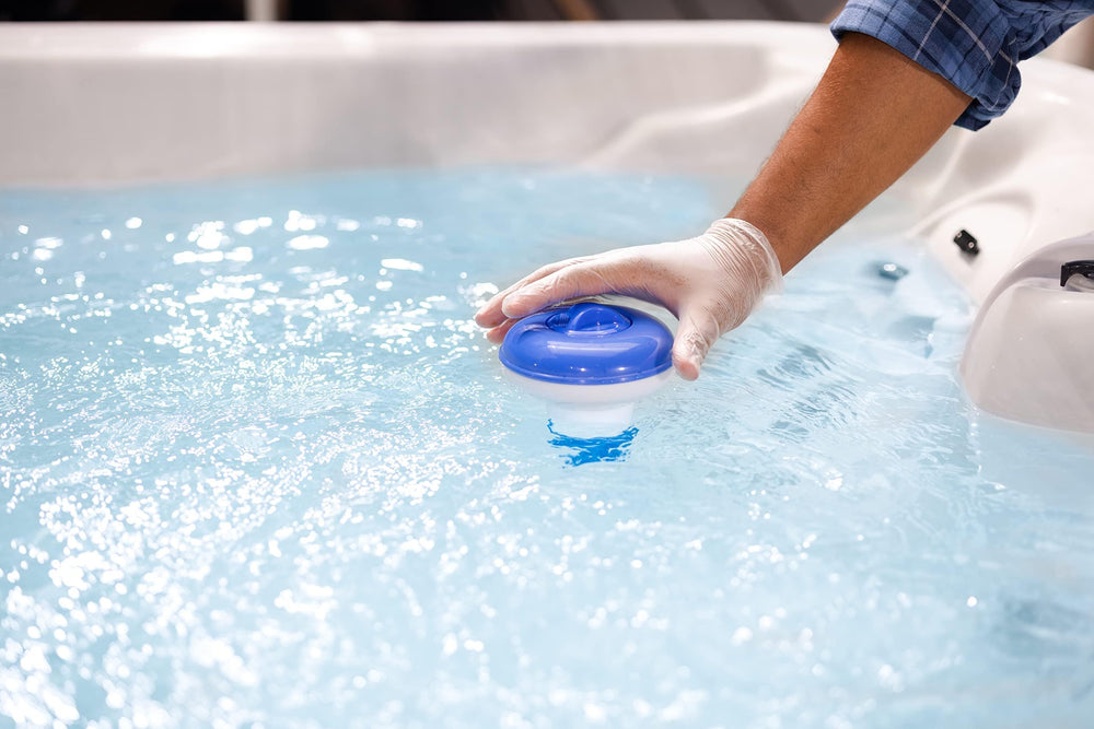 Clorox Pool&Spa tablets in floating feeder demonstrating convenient dispensing