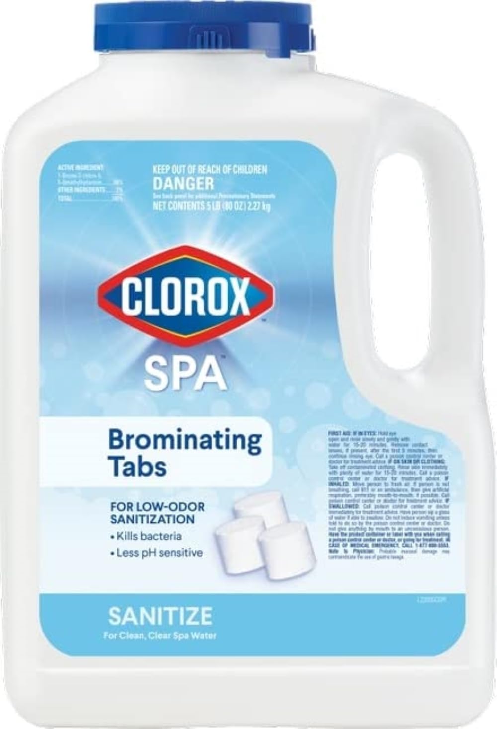 Clorox Pool&Spa front packaging showing 5 lb bromine container and benefits