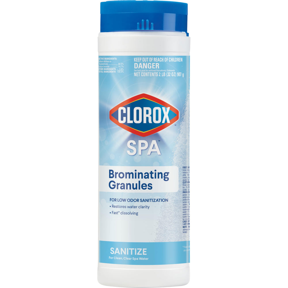 CLOROX Pool&Spa front packaging showing 2 lb container and label benefits