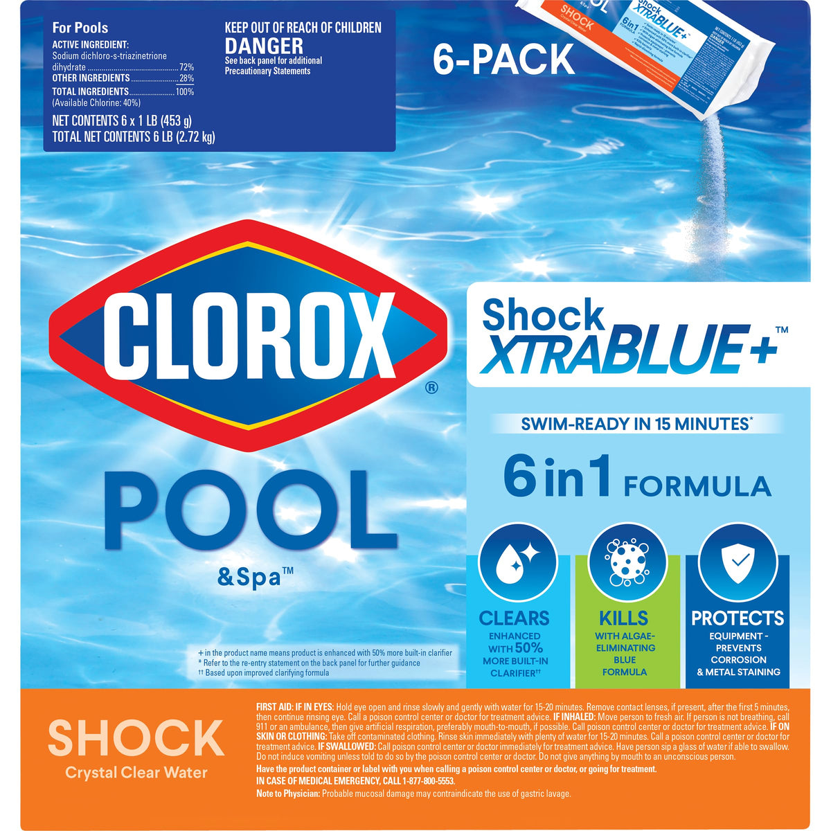 Clorox Pool&Spa front packaging showing product and quick swim-ready benefit