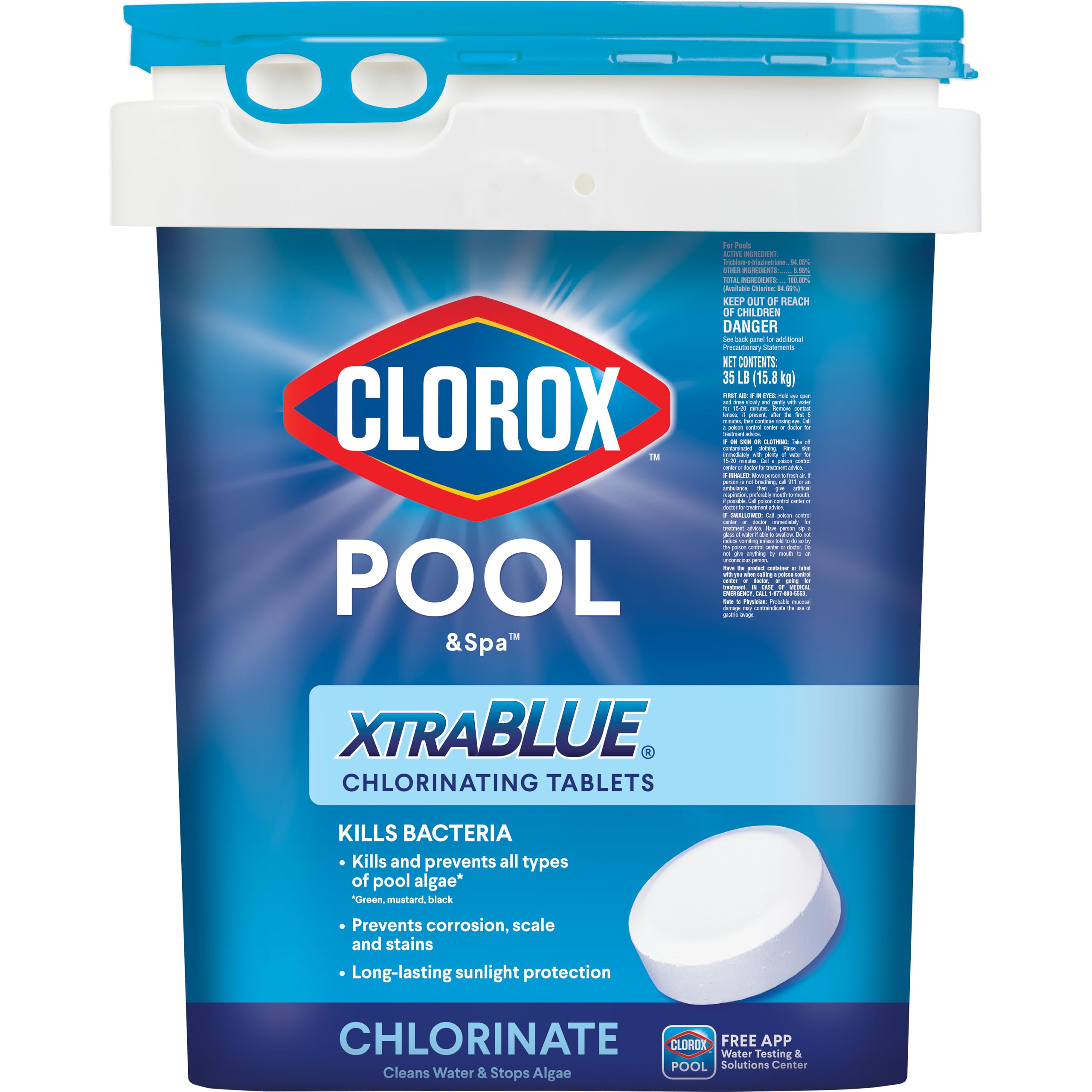 Clorox Pool&Spa pail front view showing product and weight for clear identification and storage benefit