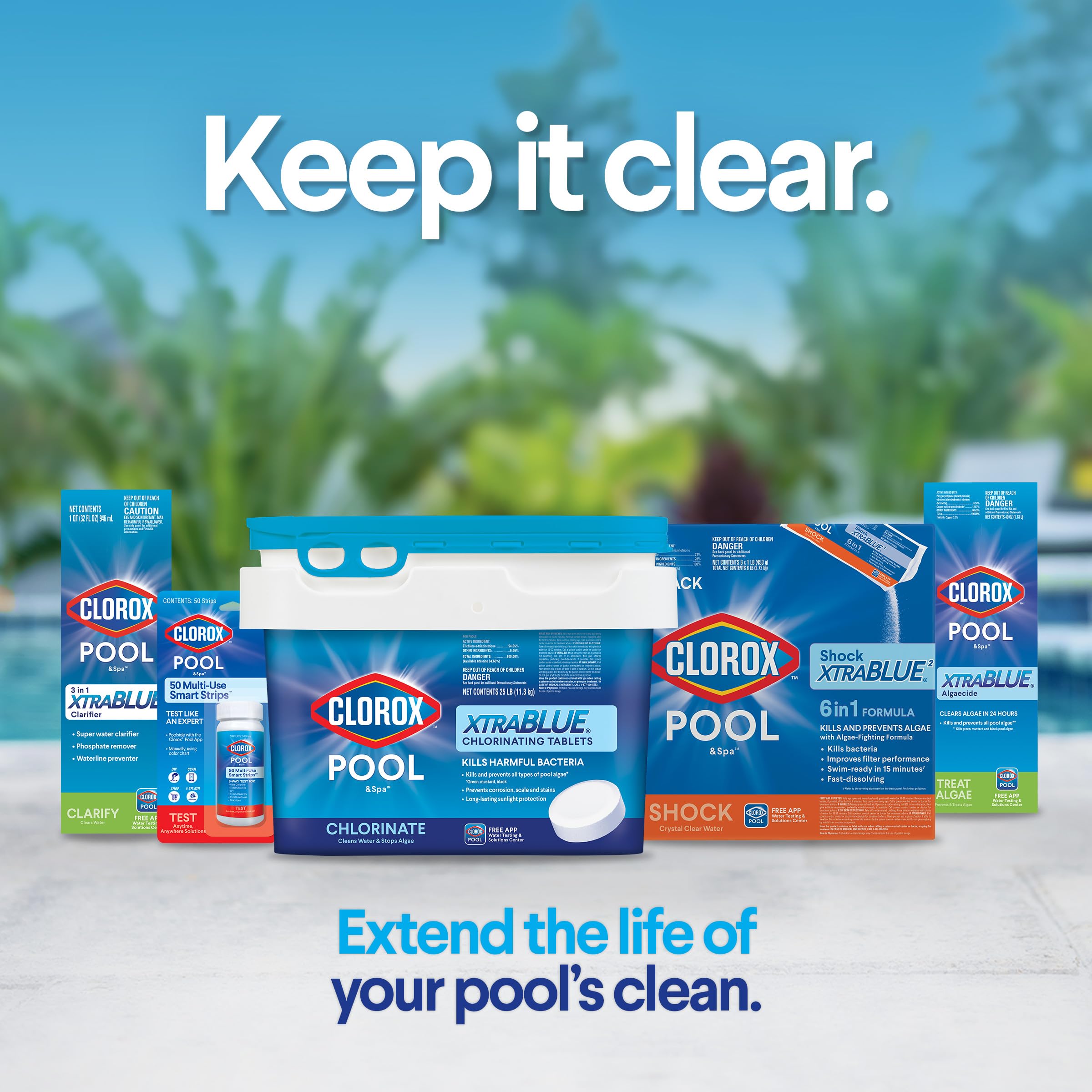 Clorox Pool&Spa 6-pack next to common bottle for scale and convenience
