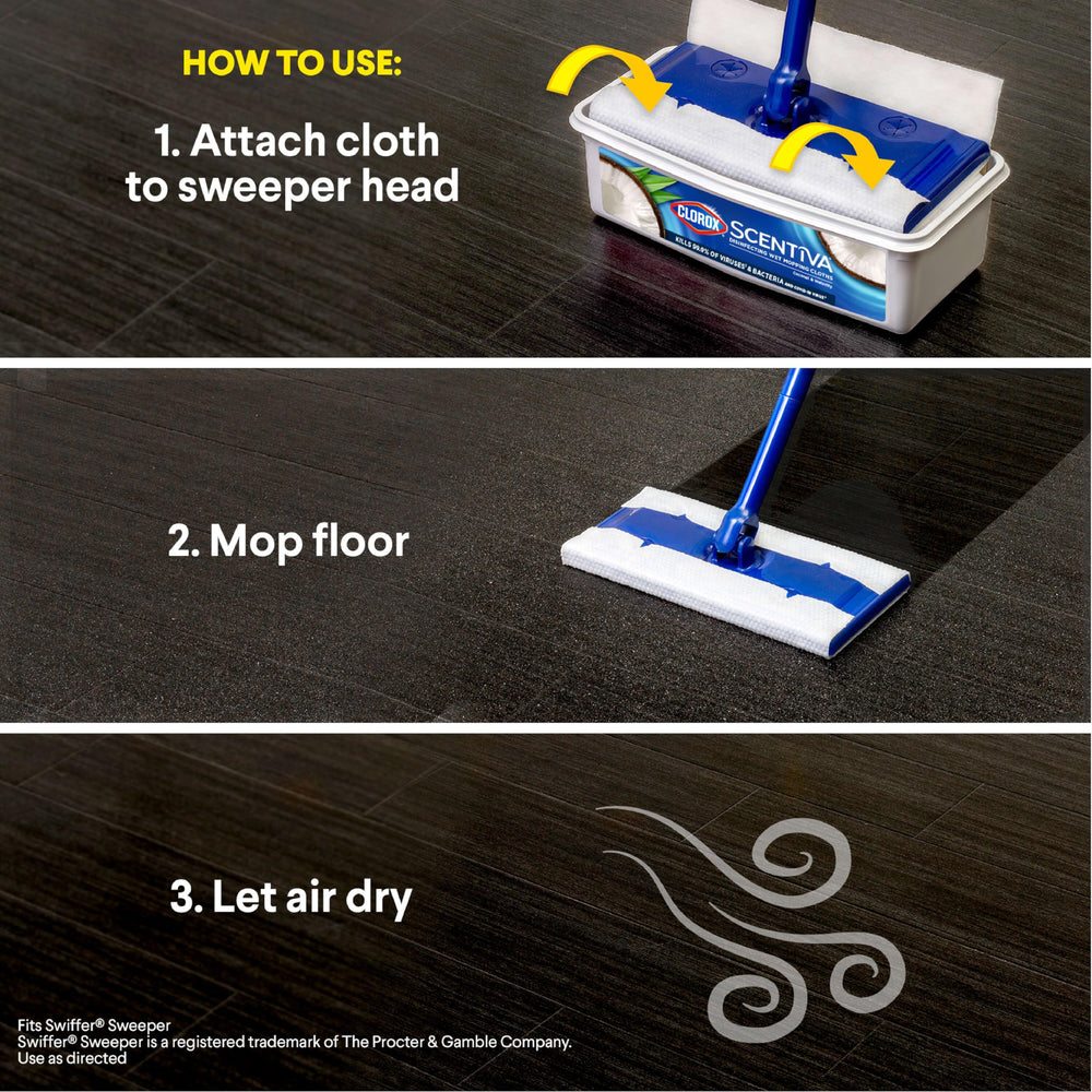 Clorox Scentiva pad cleaning a kitchen floor showing efficient soil removal