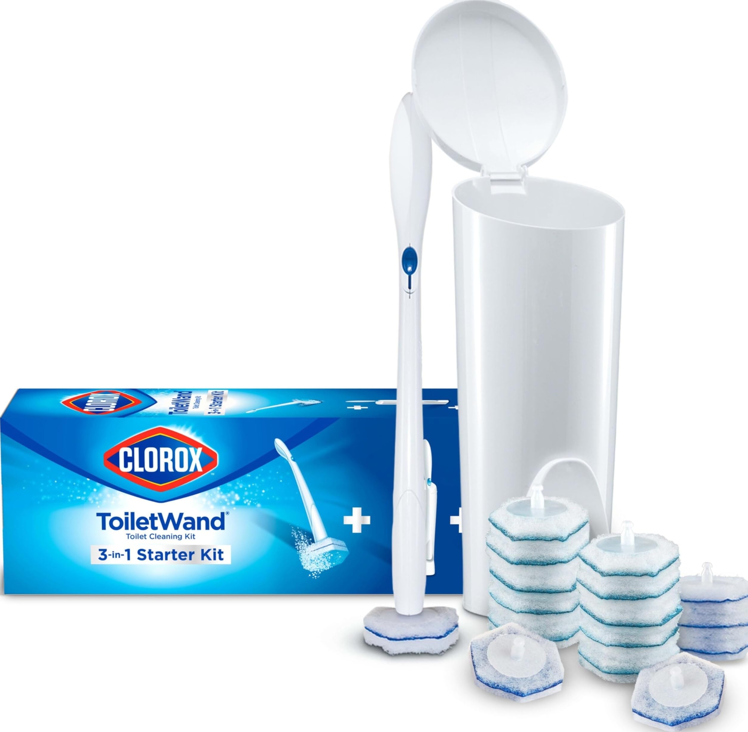 Clorox starter kit front view showing wand, caddy, and pads for tidy storage and fast cleaning