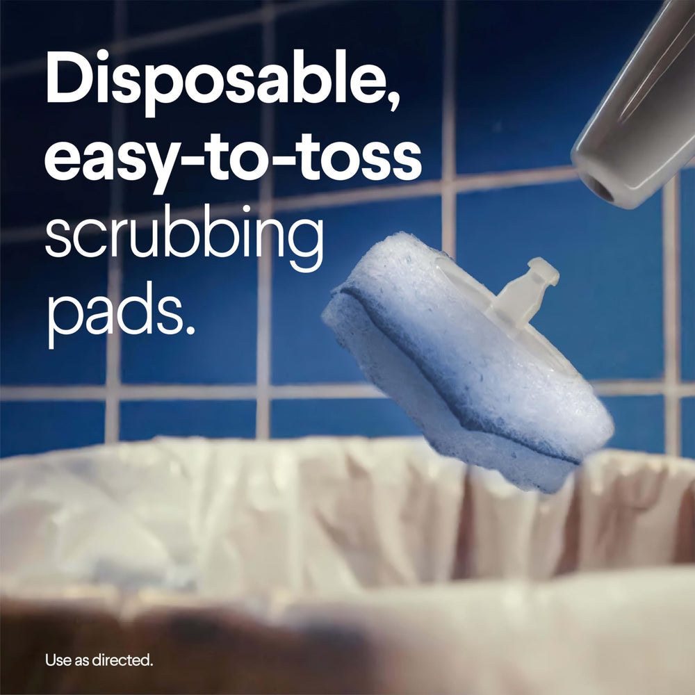 Clorox wand in use scrubbing a toilet bowl showing hands-free sanitary cleaning