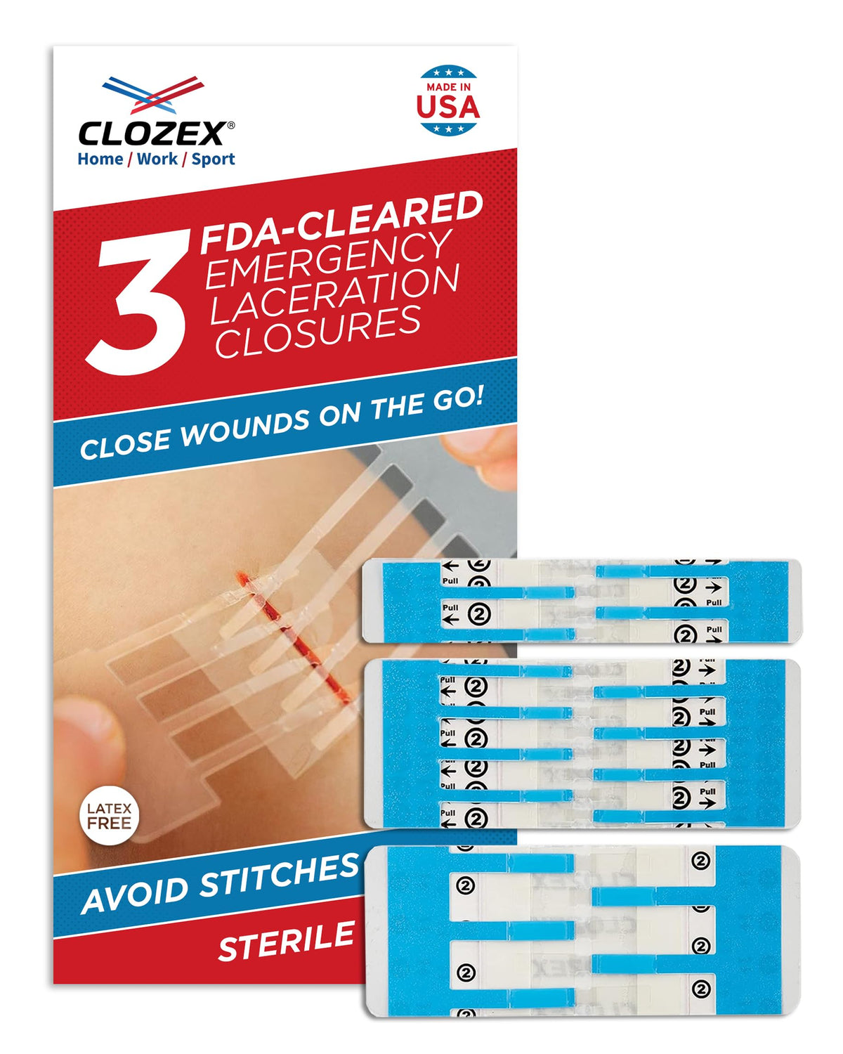 Clozex front packaging showing three sterile closures and brand