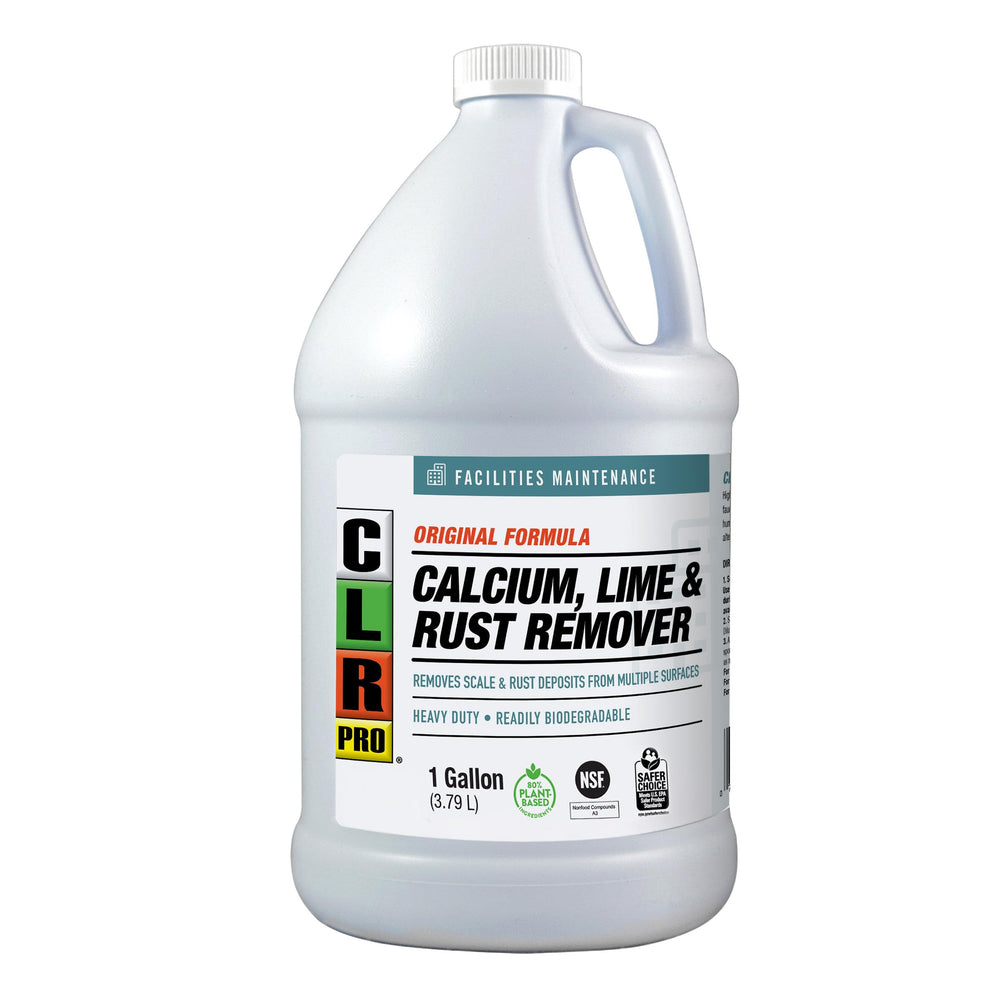 CLR Pro front label on one-gallon bottle showing industrial cleaner benefits