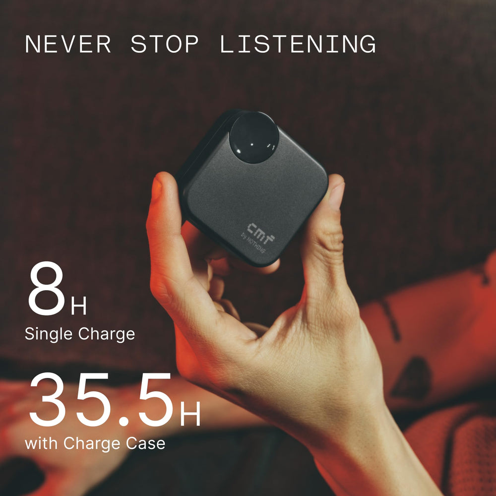 CMF BY NOTHING charging case rear label image showing battery info and portability advantage