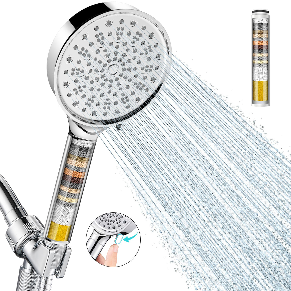 Cobbe front view showing handheld shower head and benefits of softened water