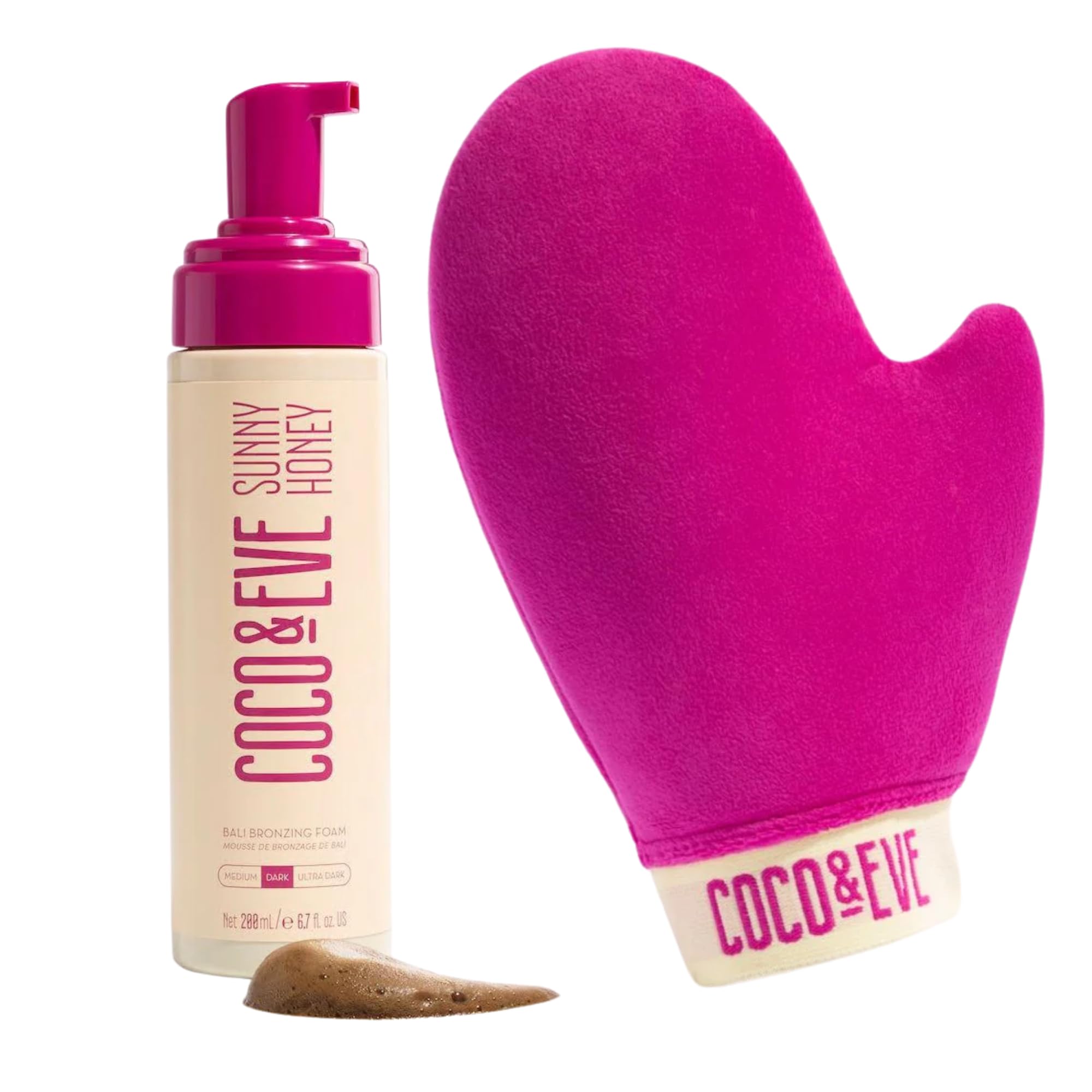 Coco & Eve front packaging showing bronzing mousse and mitt for easy identification and convenience