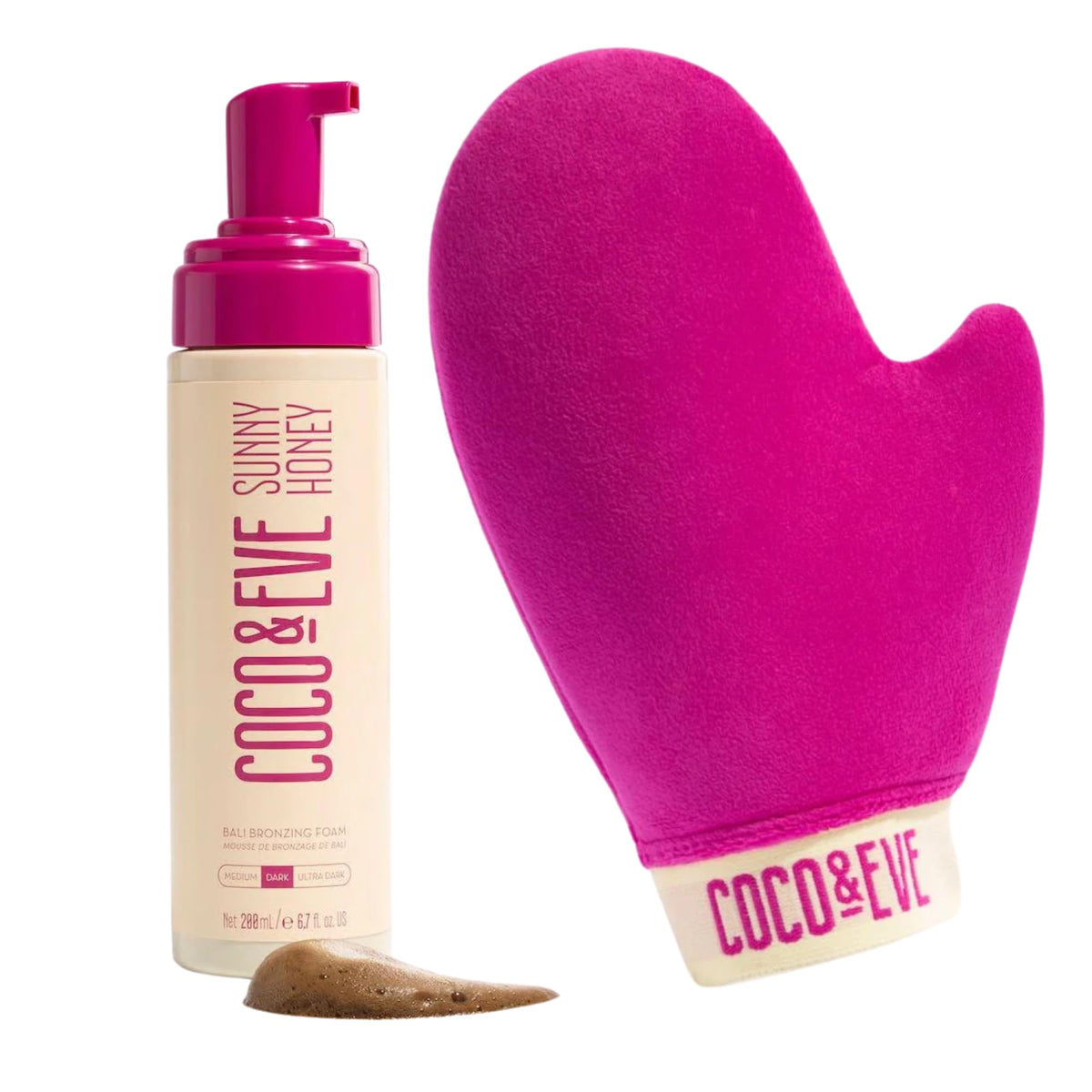 Coco & Eve front packaging showing bronzing mousse and mitt for easy identification and convenience