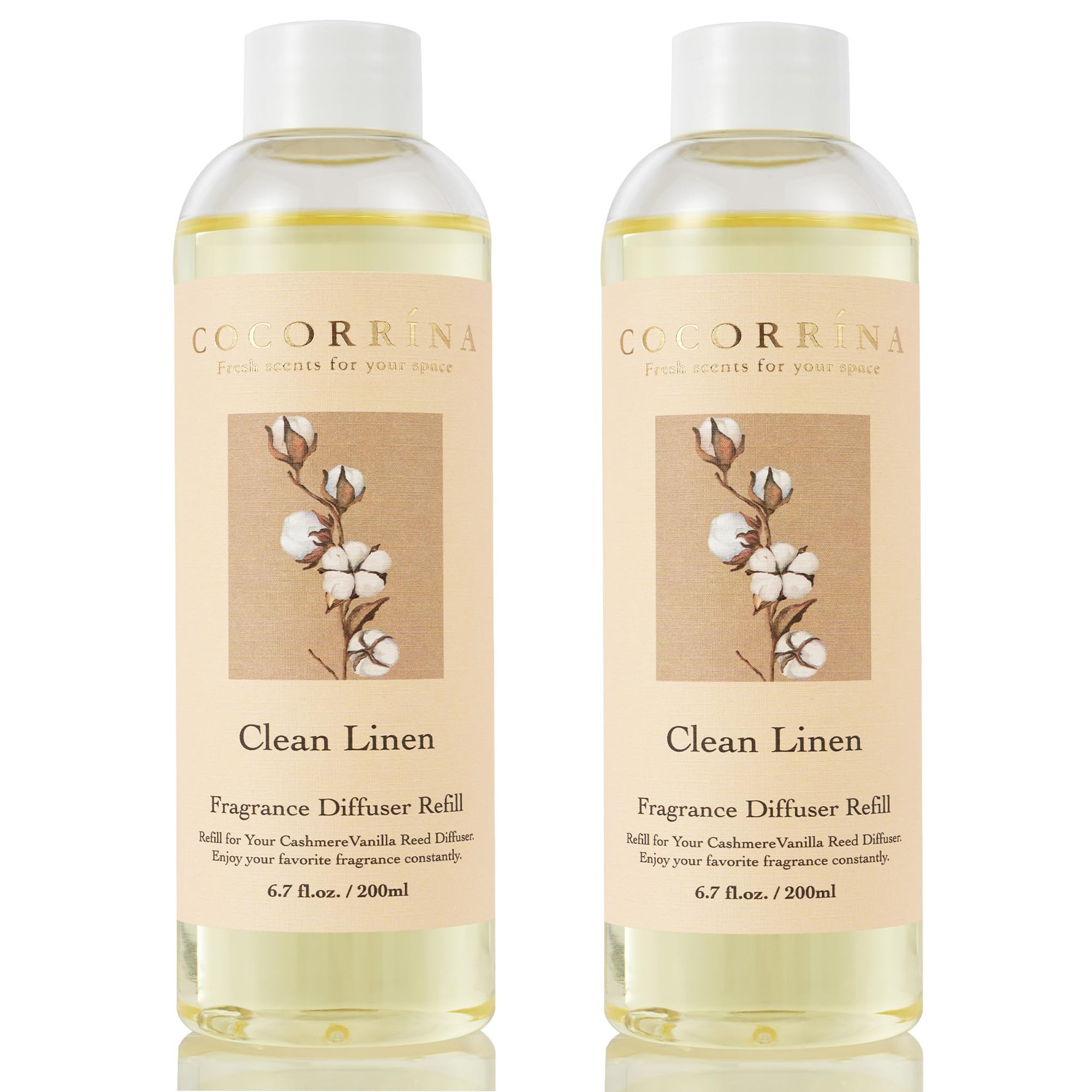 COCORRÍNA front view of two refill bottles showing clean linen scent benefit