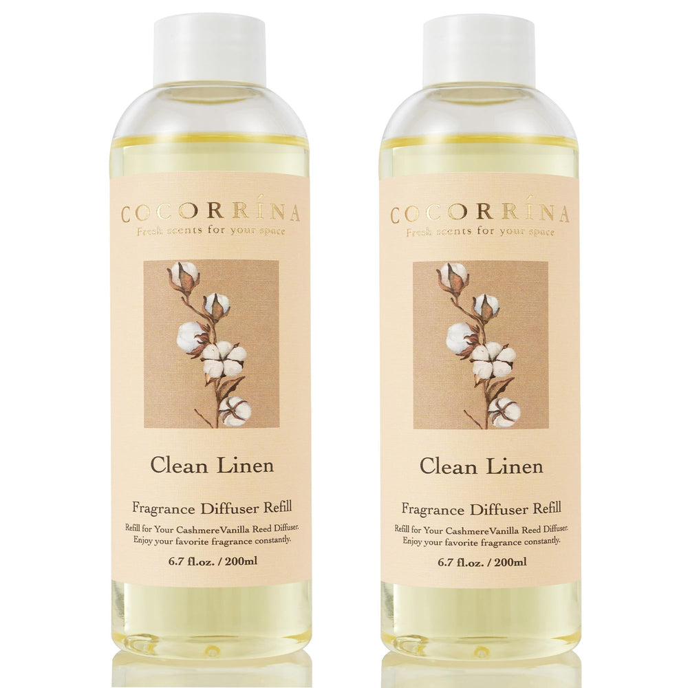 COCORRÍNA front view of two refill bottles showing clean linen scent benefit