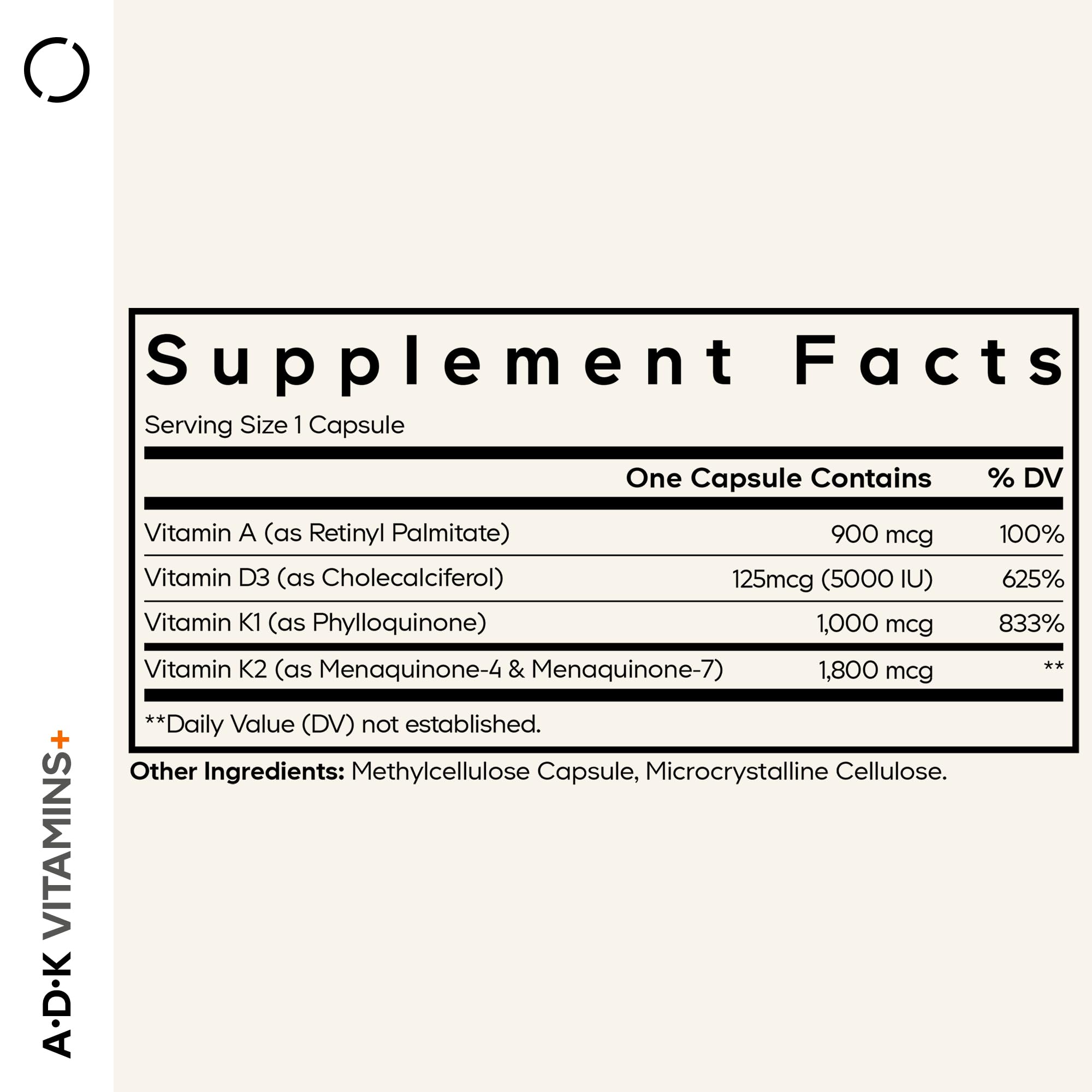Codeage ADK label close-up showing D3 5000 IU and K1 K2 dosages for clear dosing