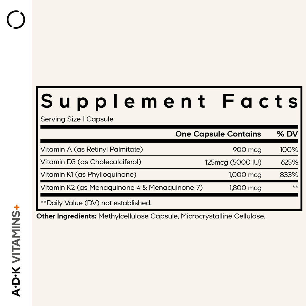 Codeage ADK label close-up showing D3 5000 IU and K1 K2 dosages for clear dosing