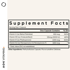 Codeage ADK label close-up showing D3 5000 IU and K1 K2 dosages for clear dosing
