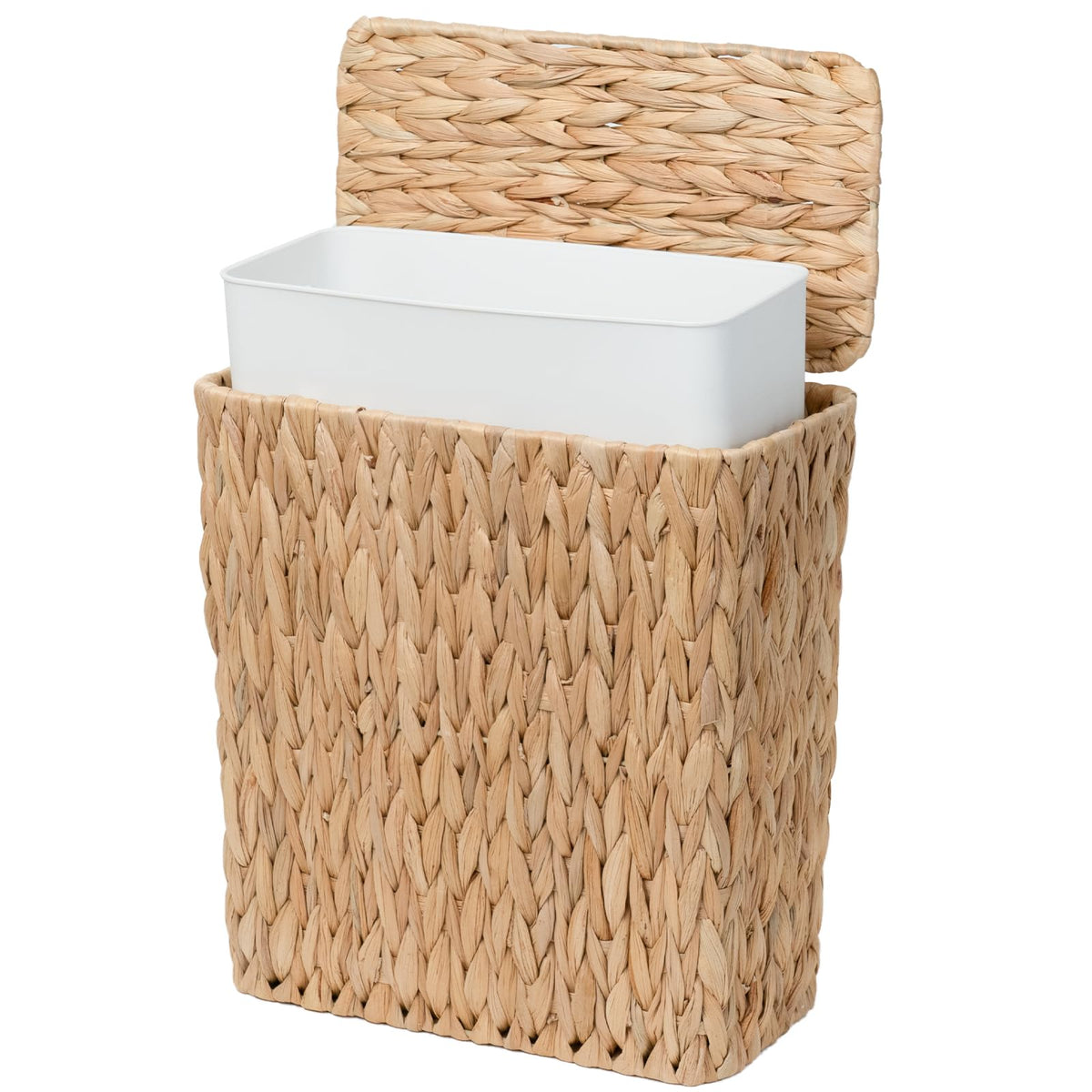 Coeusy front view wicker trash can showing natural look and tidy concealment