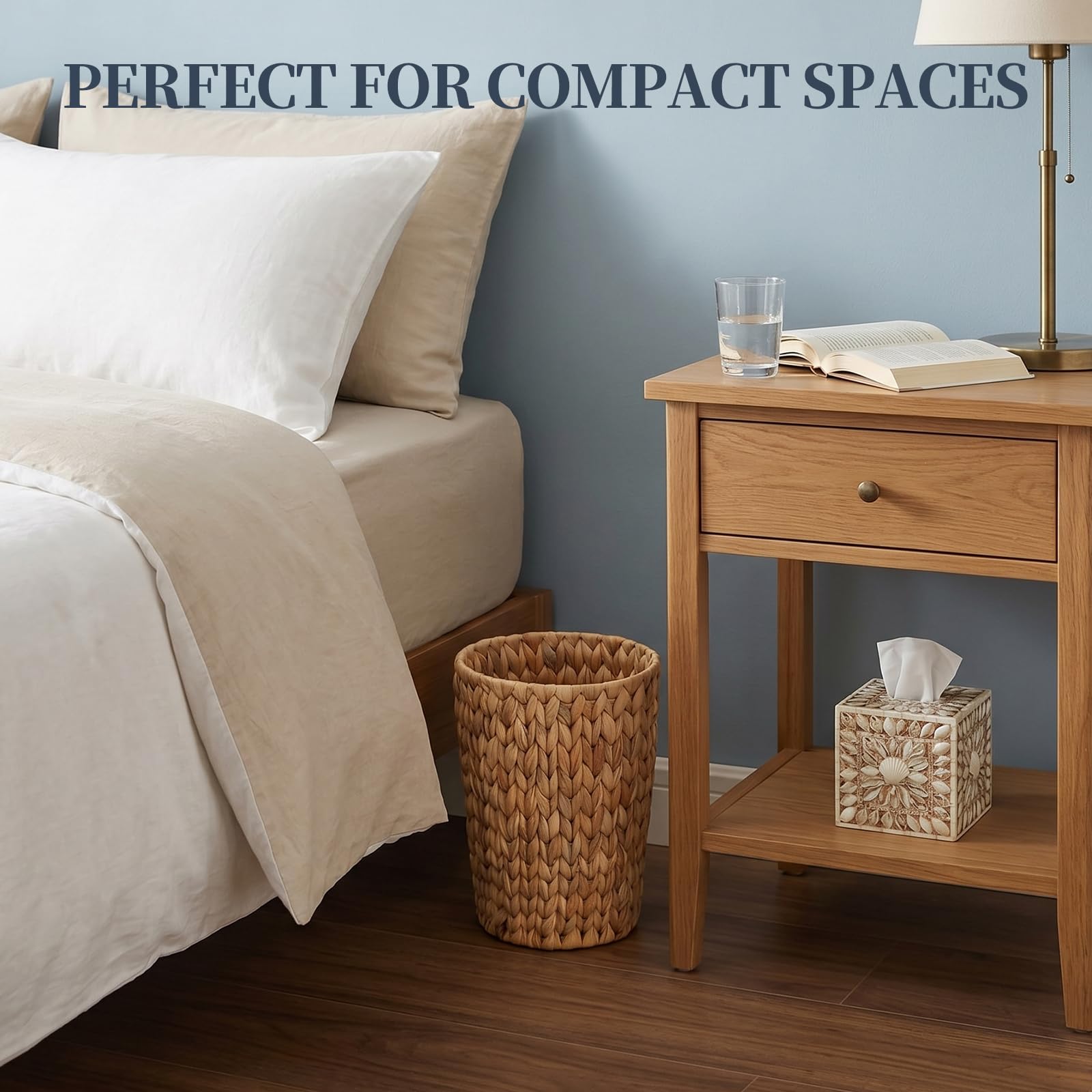 Coeusy placed in a bathroom beside a vanity adding natural style and functional waste storage