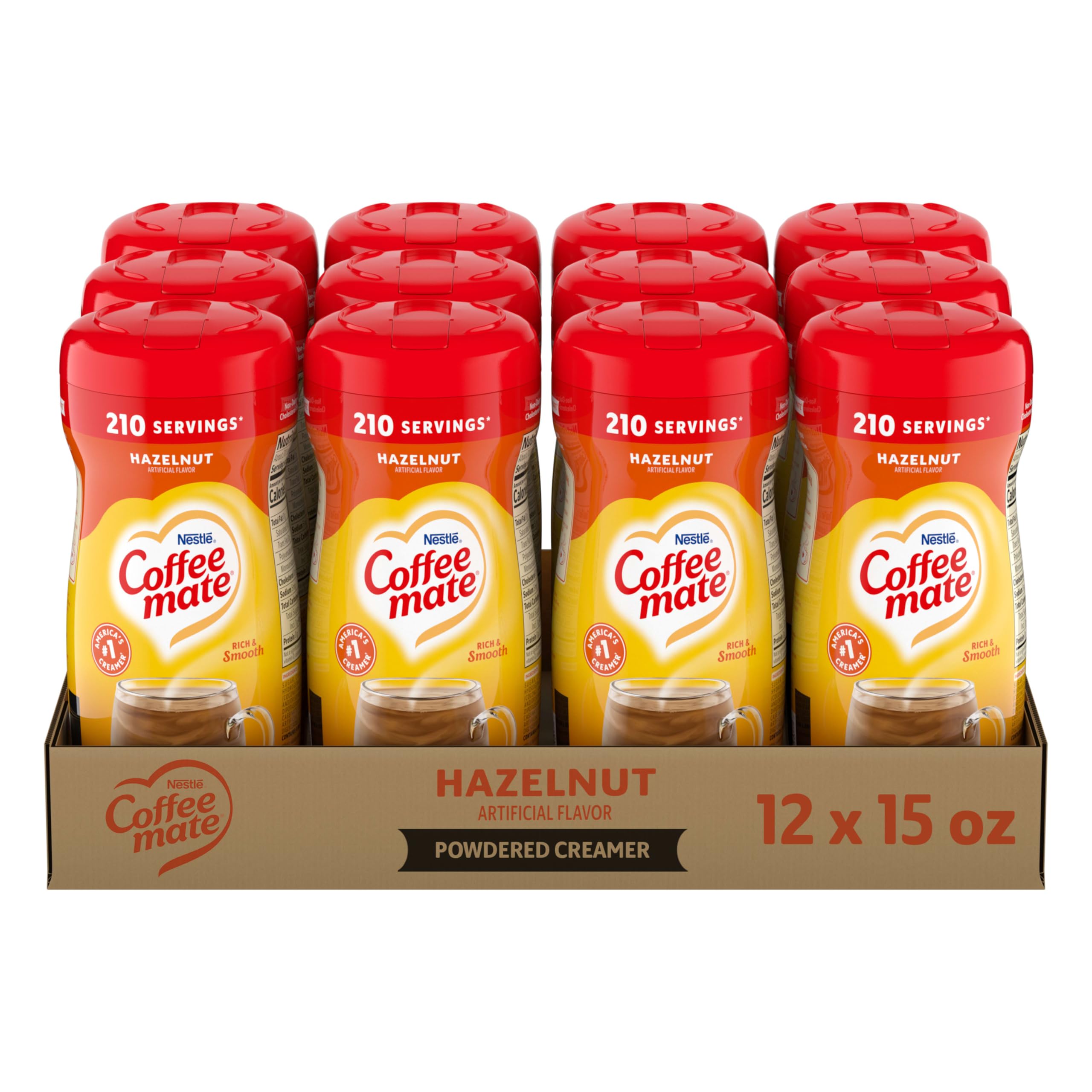 Coffee Mate front canister showing hazelnut flavor and convenient size benefit