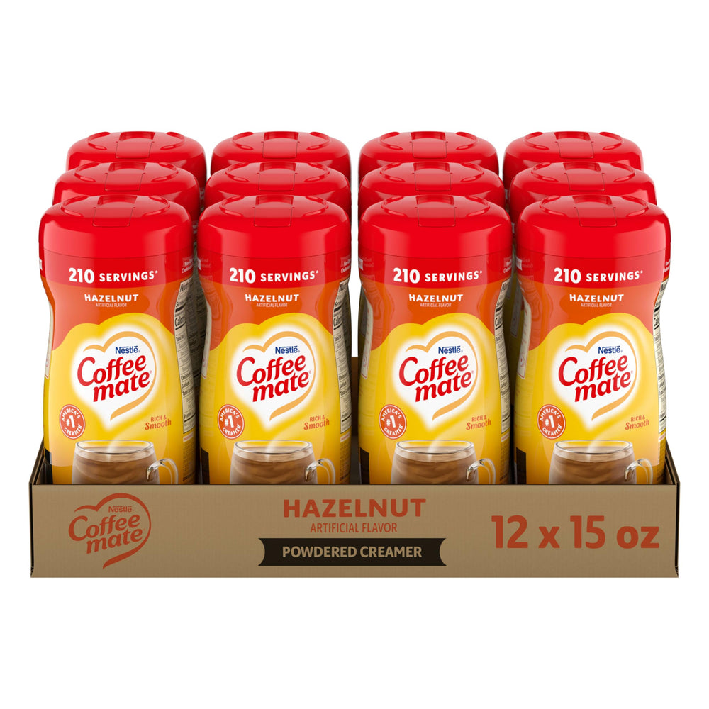 Coffee Mate front canister showing hazelnut flavor and convenient size benefit