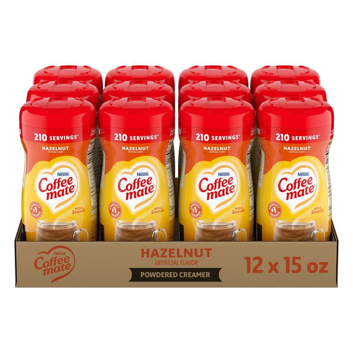 Coffee Mate front canister showing hazelnut flavor and convenient size benefit