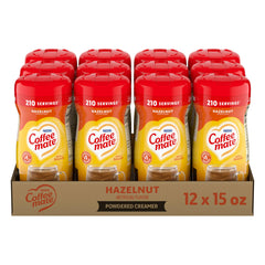 Coffee Mate front canister showing hazelnut flavor and convenient size benefit