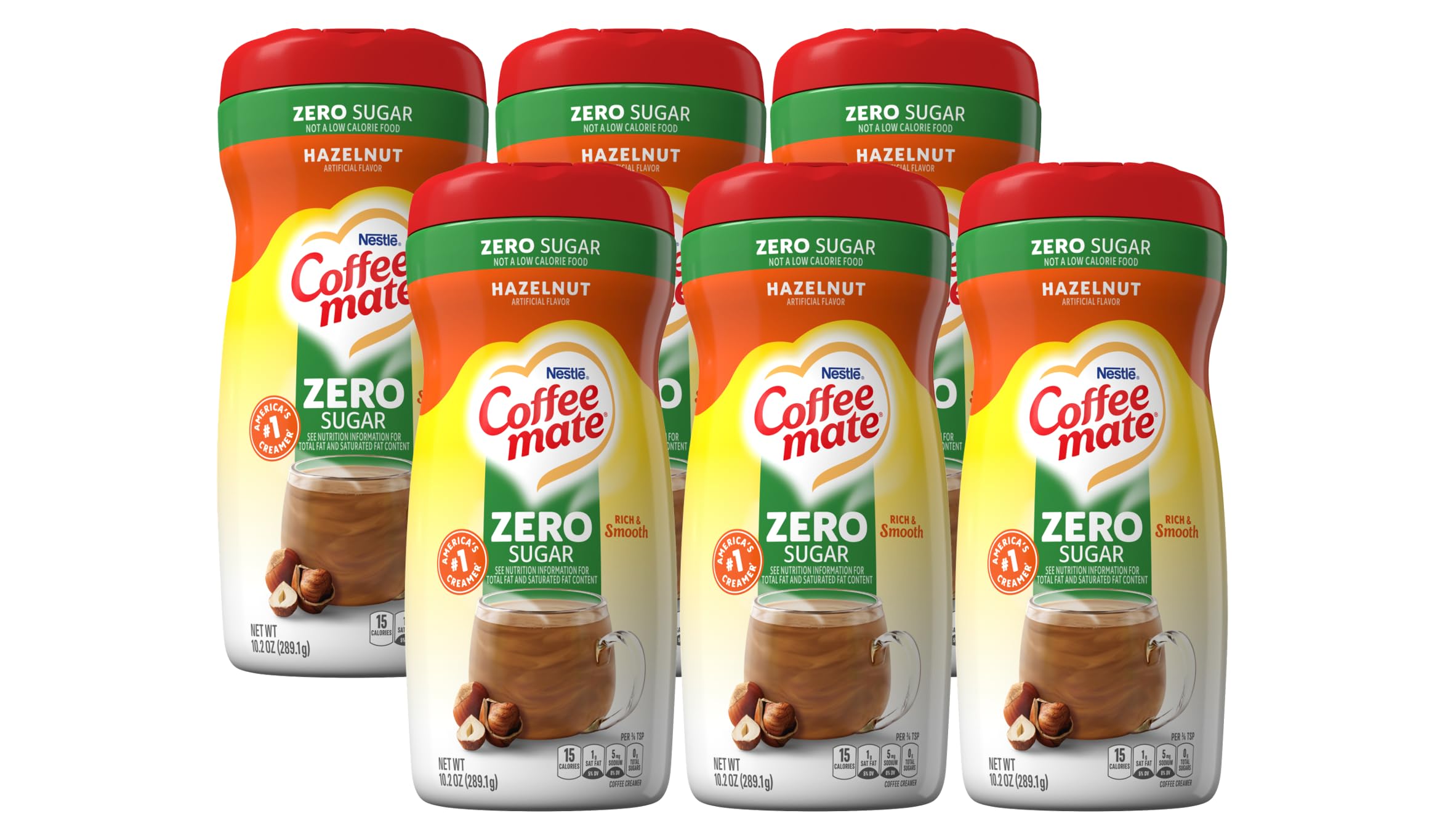 Coffee‑Mate front packaging showing hazelnut flavor and zero sugar benefit