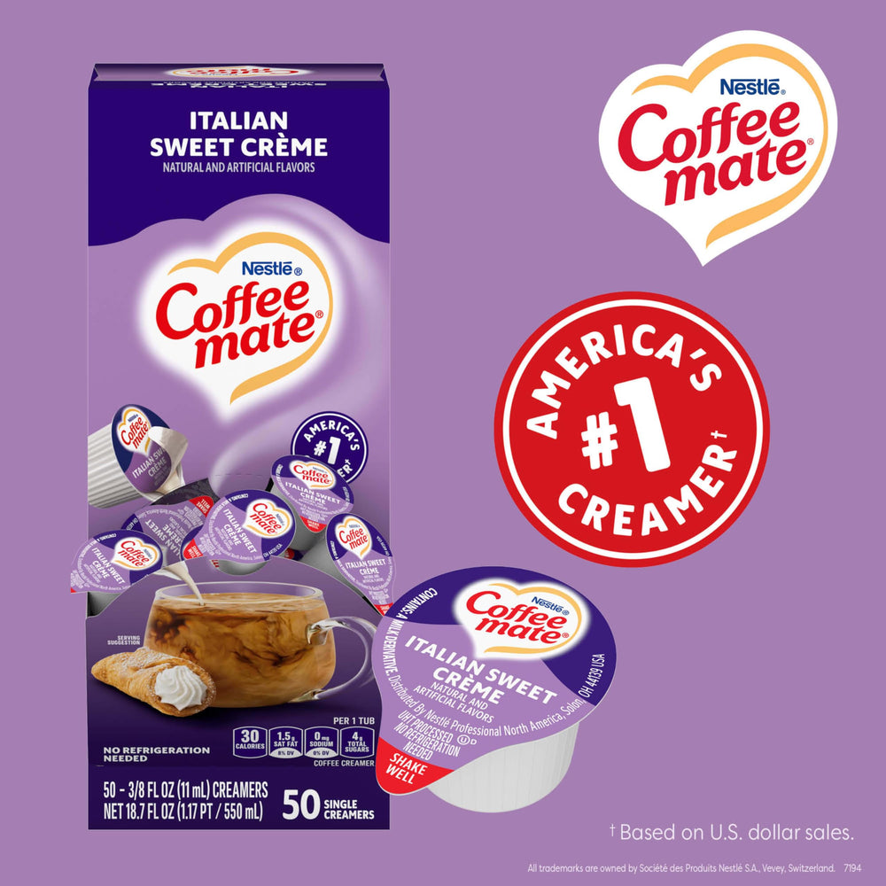 Coffee mate label closeup highlights shelf-stable and dietary info