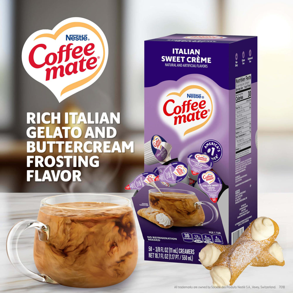 Coffee mate single tub open showing easy peel top for quick use