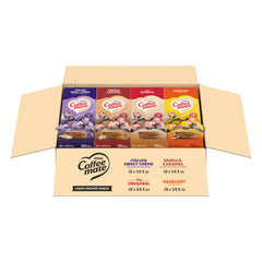 Coffee mate front box showing four-flavor variety and tidy dispenser benefit