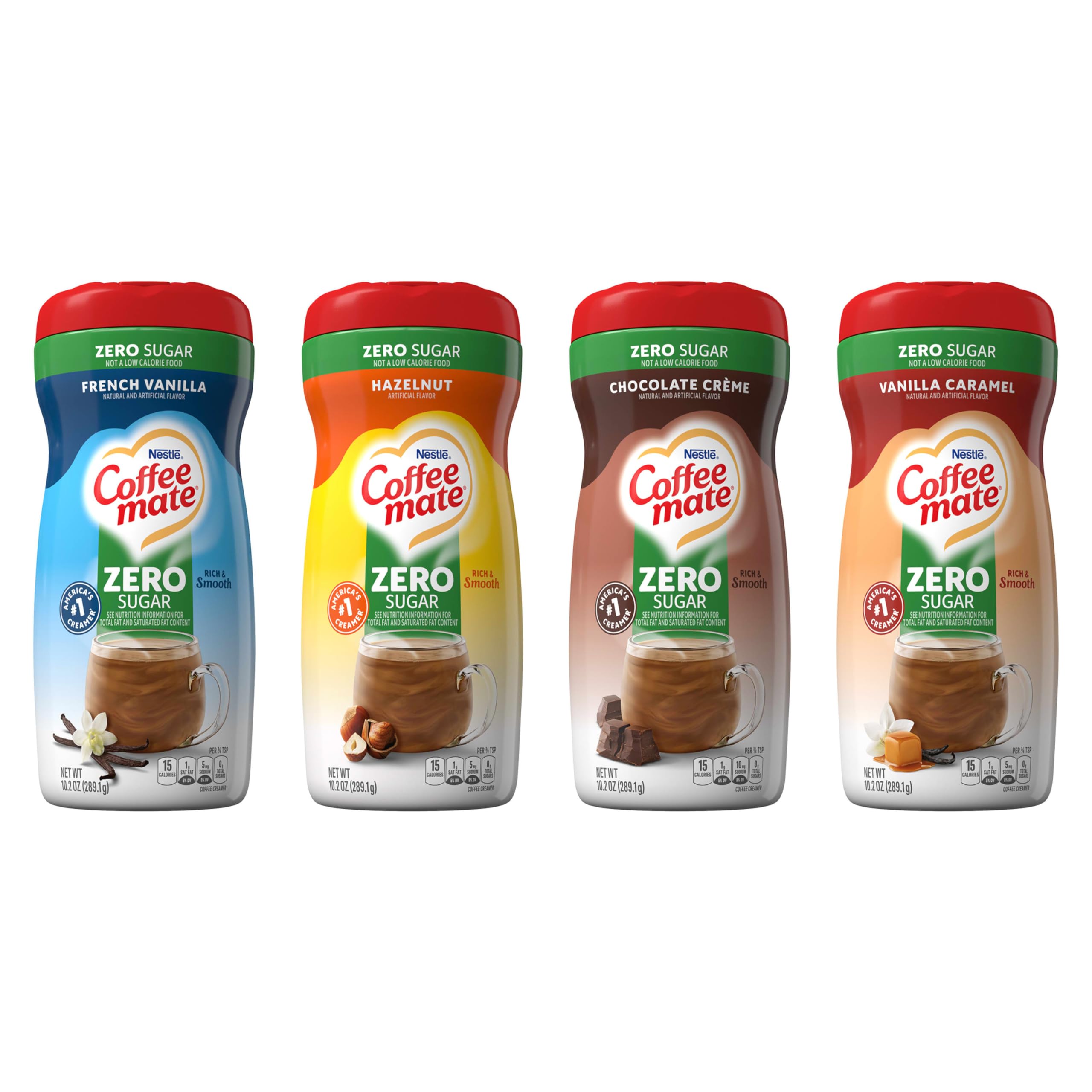 Coffee mate front packaging showing four sugar-free creamers and convenience