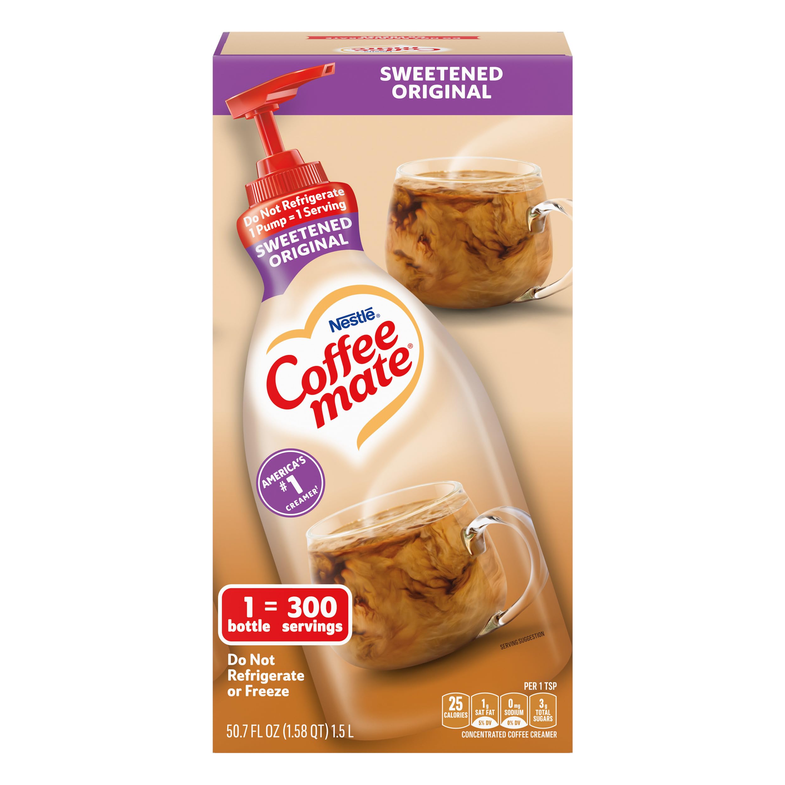 Coffee mate front packaging pump bottle showing brand and volume convenience