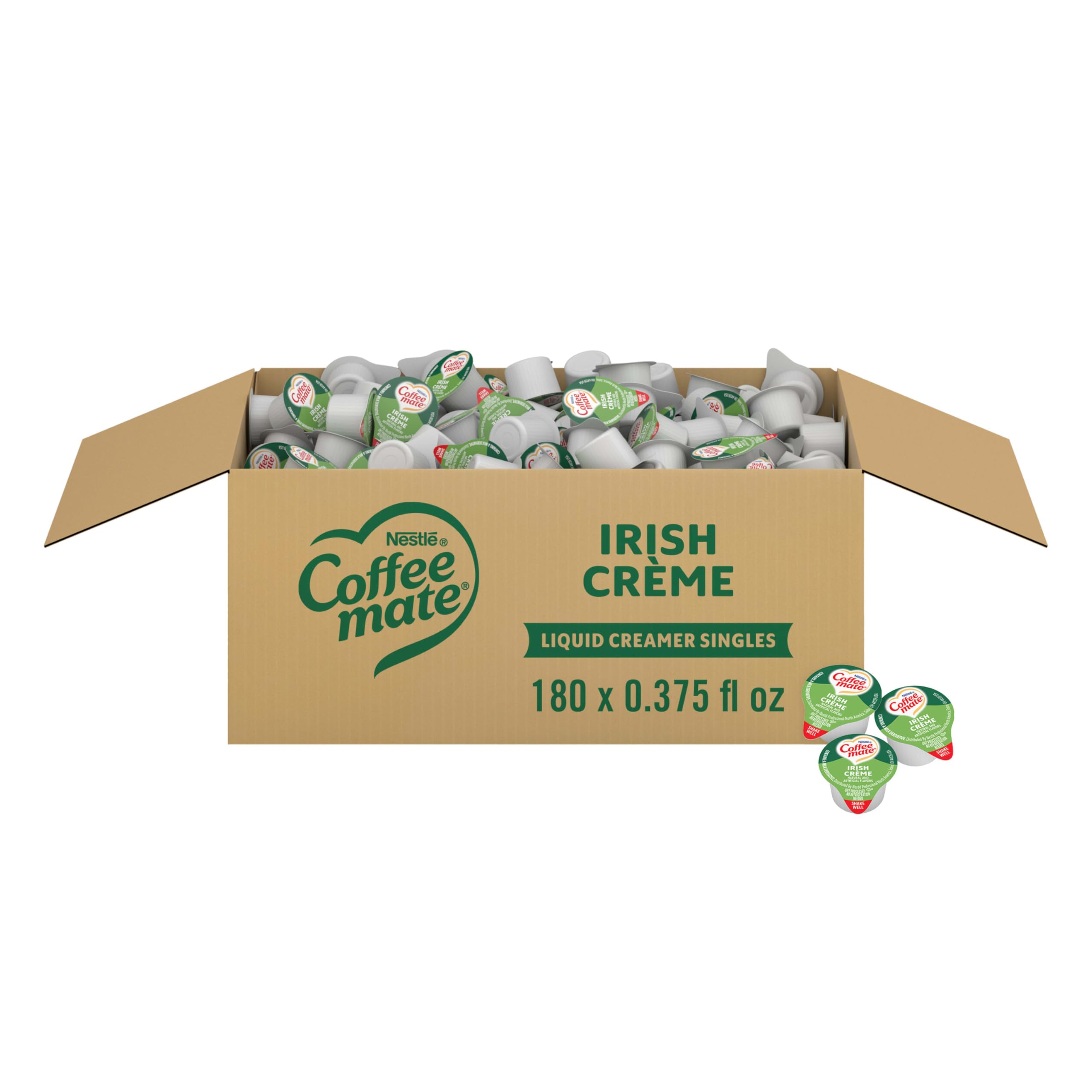 Coffee mate front packaging showing box of 180 Irish Crème tubs for reliable service
