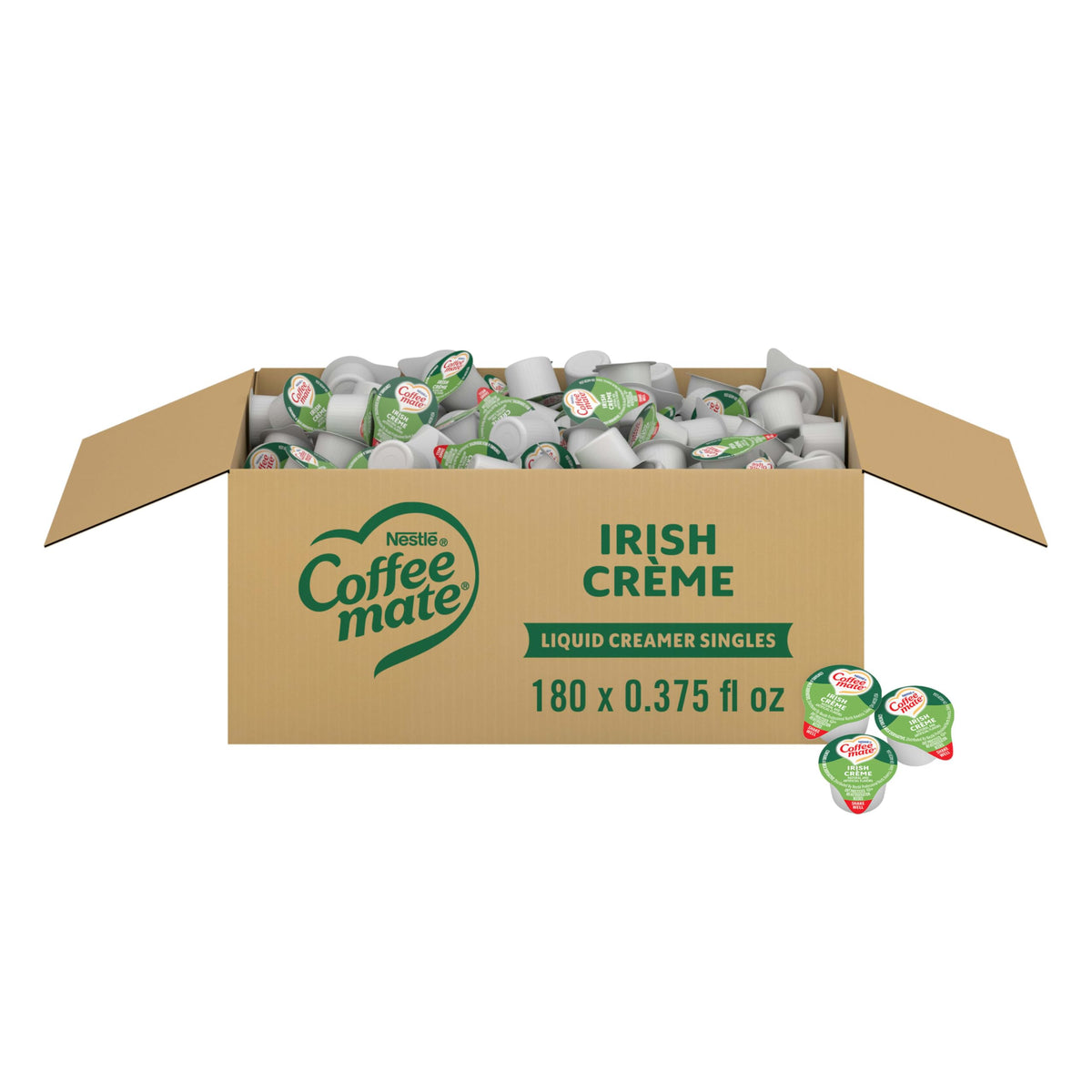 Coffee mate front packaging showing box of 180 Irish Crème tubs for reliable service