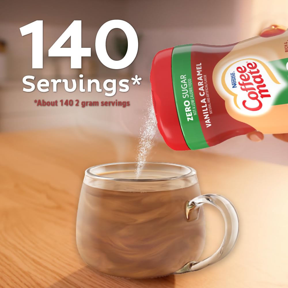 Coffee-mate powder mixing into hot coffee for creamy, sugar-free flavor