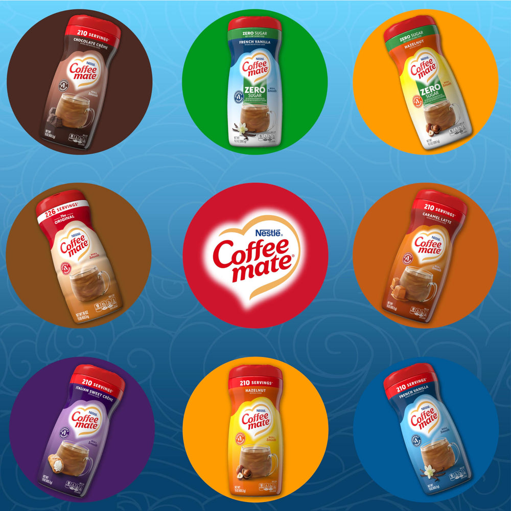 Coffee mate bottle next to a mug demonstrating compact 15 oz size