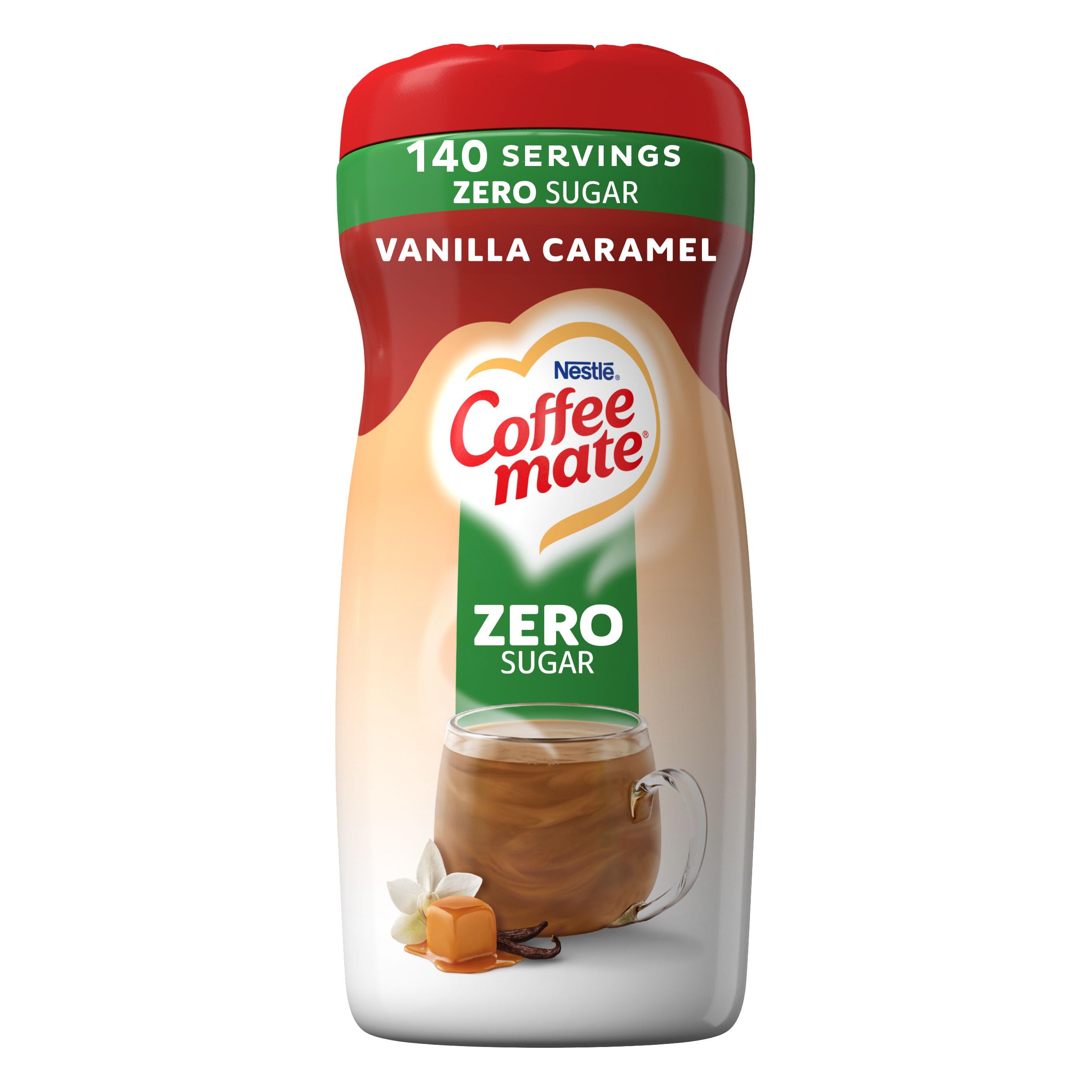 Coffee-mate front packaging showing Vanilla Caramel flavor and convenience