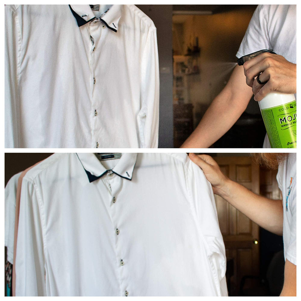 Cold Iron hanging shirt lifestyle shot showing quick touch-up convenience