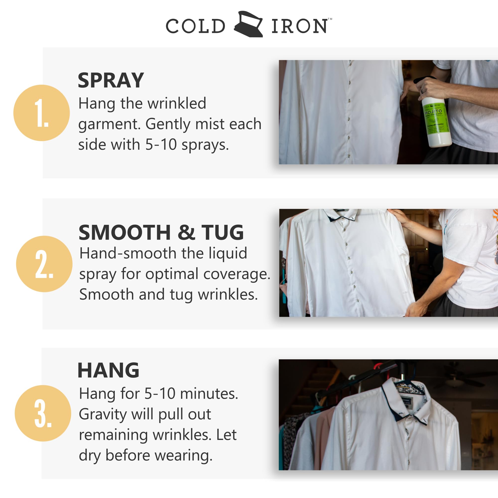 Cold Iron spray in action on shirt demonstrating fast wrinkle reduction