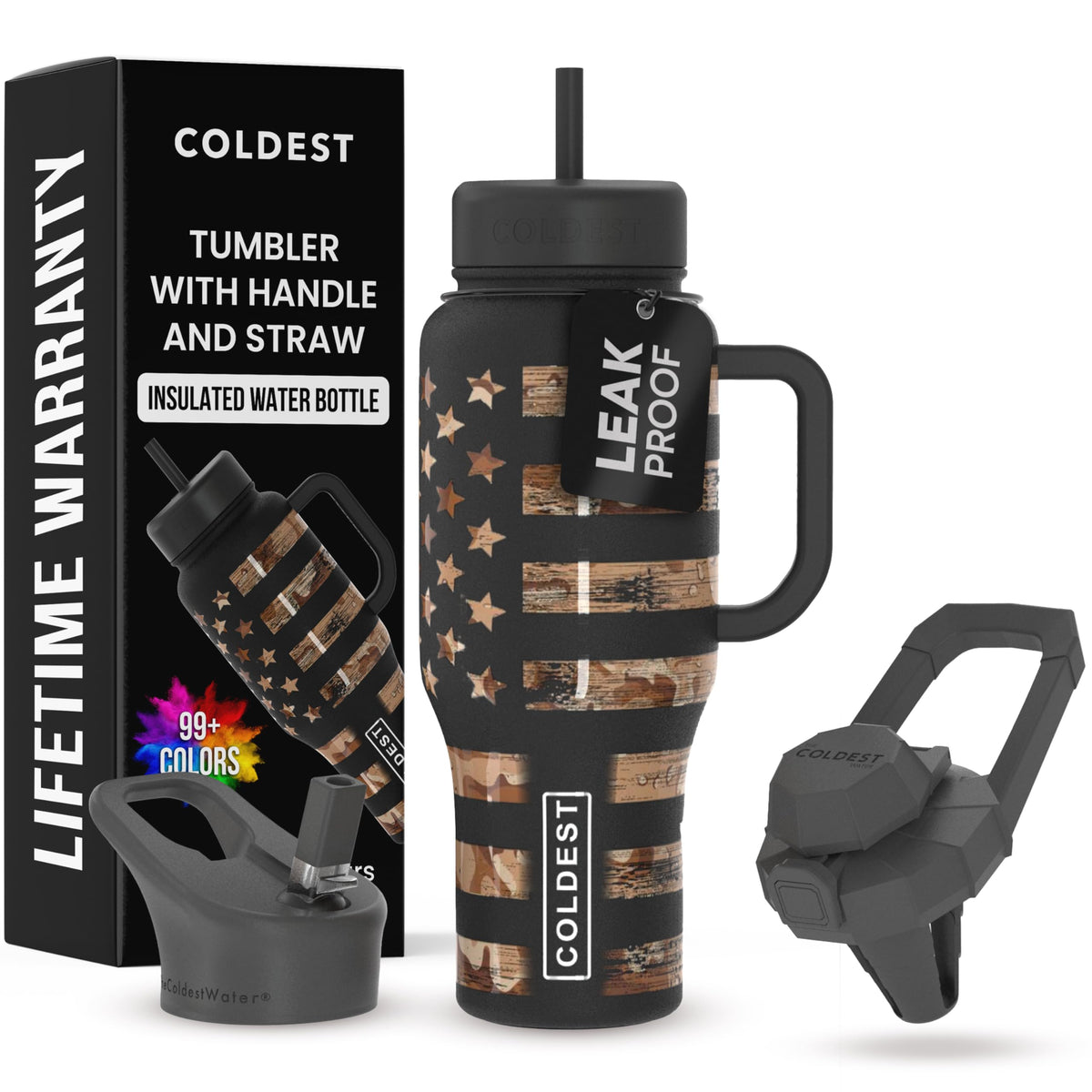 The Coldest Tumbler front view showing camouflage flag and 36 oz capacity benefit