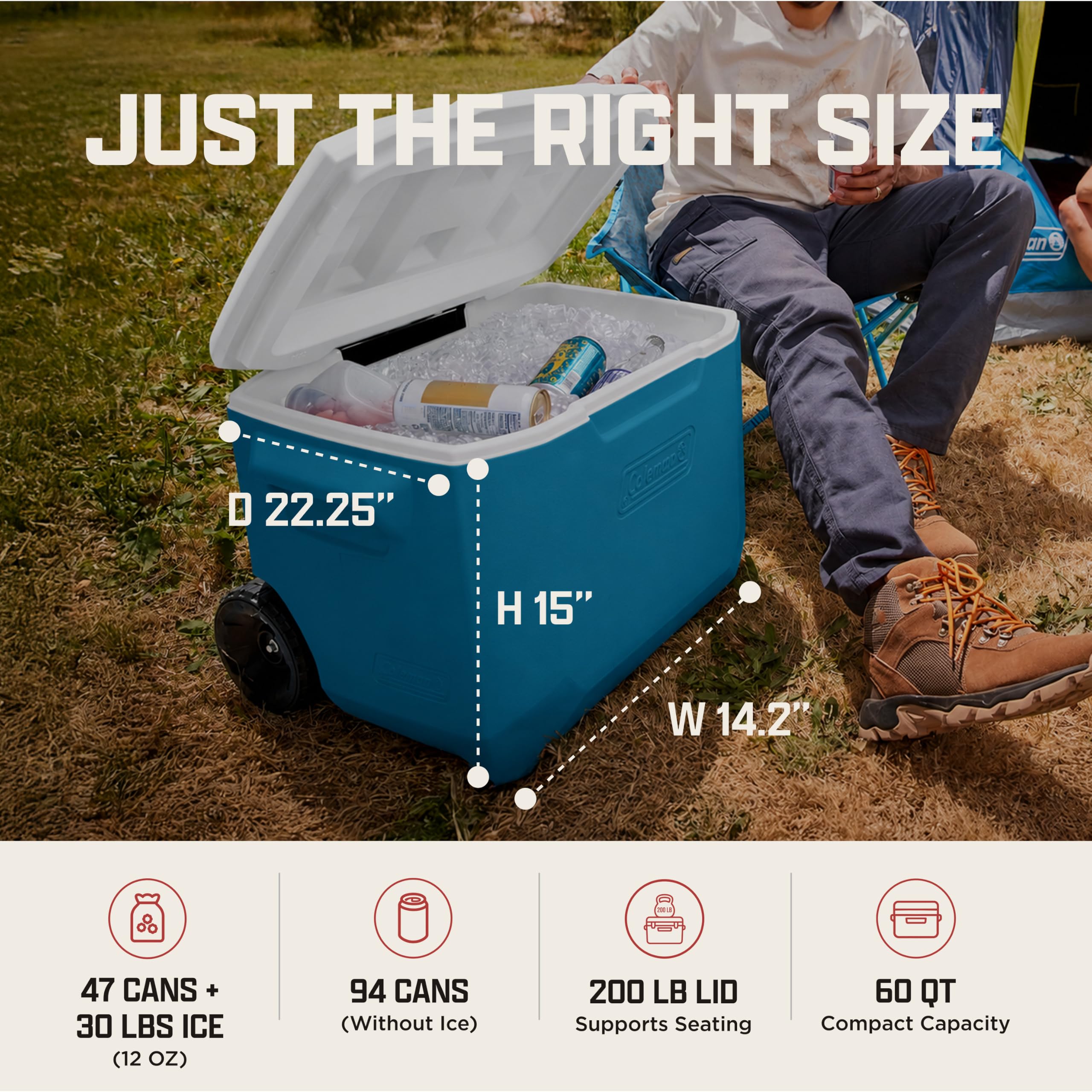 Coleman open cooler filled with drinks and ice to show storage capacity