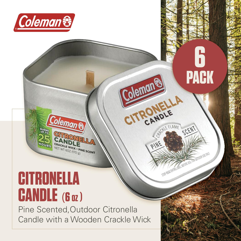 Coleman closeup wooden crackle wick highlighting cozy campfire sound