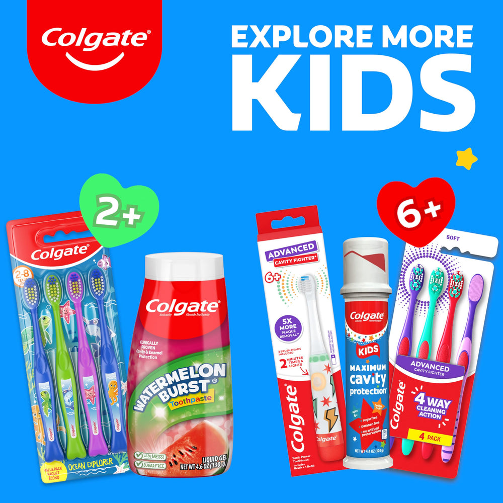 Portion of Colgate toothpaste on toothbrush showing controlled dose for kids