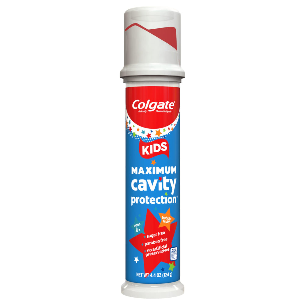 Colgate pump beside toothbrush for scale to show tube size and family use